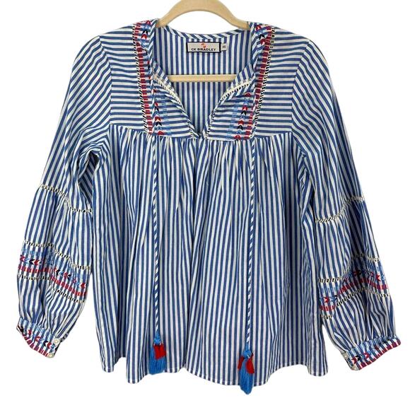 CK Bradley Oopsy Blue Stripe Embroidered Oversized Blouse Balloon Sleeve XS - Picture 3 of 7
